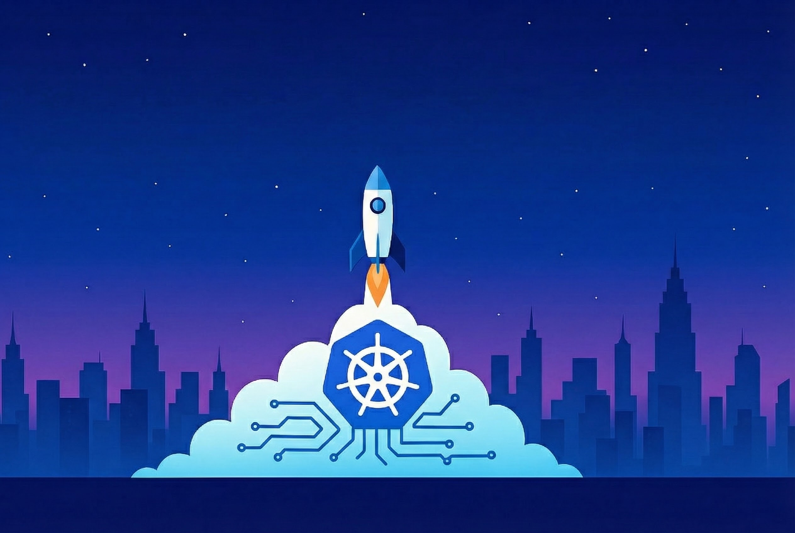 Kubernetes rocket launching over cityscape